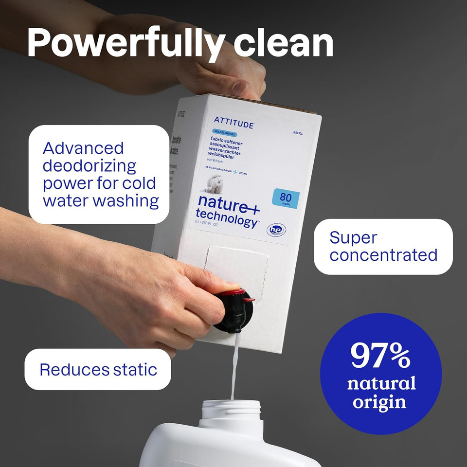 Attitude Liquid Fabric Softener Refill, Plant-Based & Vegan, He Compatible, Naturally Derived, Wildflowers Scent, 80 Loads, 67.6 Fl Oz