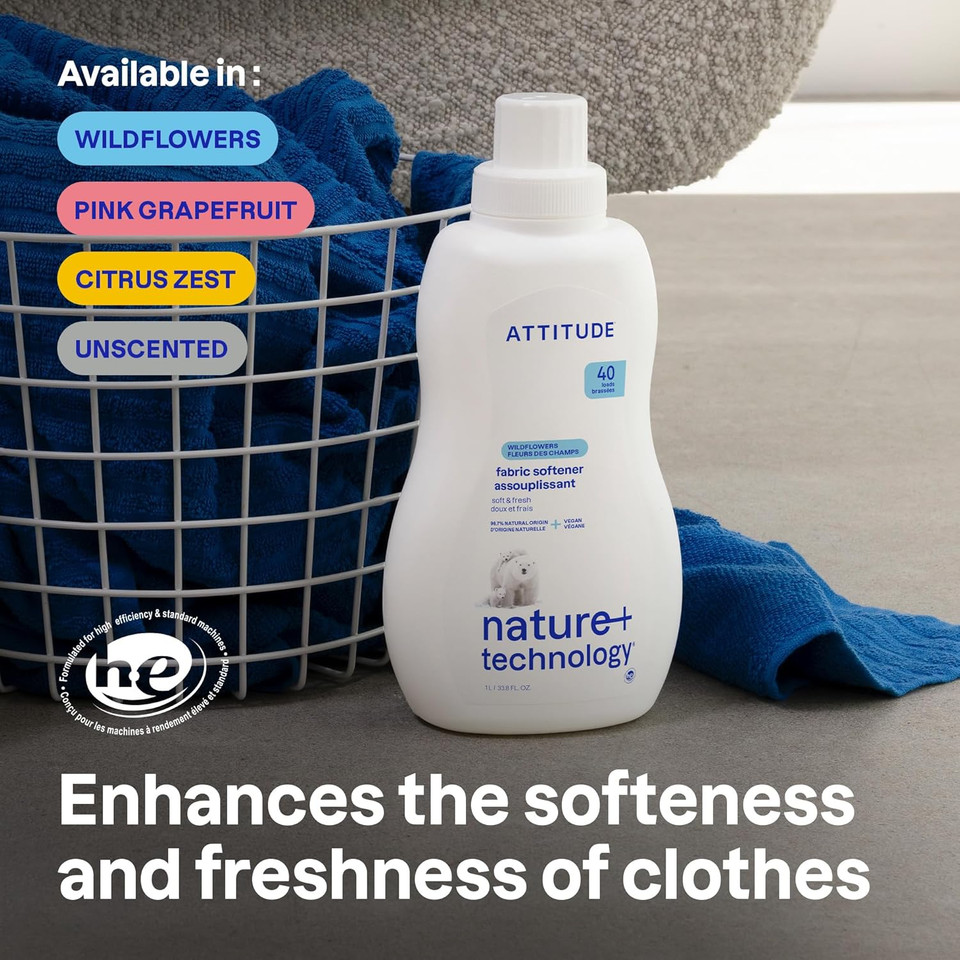 Attitude Liquid Fabric Softener, Plant-Based & Vegan, He Compatible, Naturally Derived, Citrus Zest Scent, 40 Loads, 33.8 Fl Oz