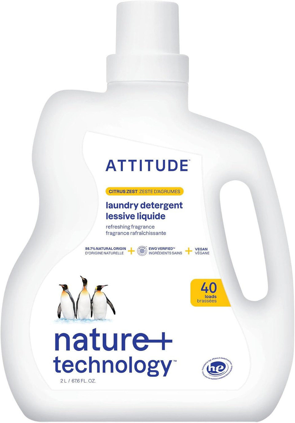 Attitude Liquid Laundry Detergent, Ewg Verified, He Compatible, Plant-Based & Vegan, Natural Laundry Soap, Citrus Zest Scent, 40 Loads, 67.6 Fl Oz