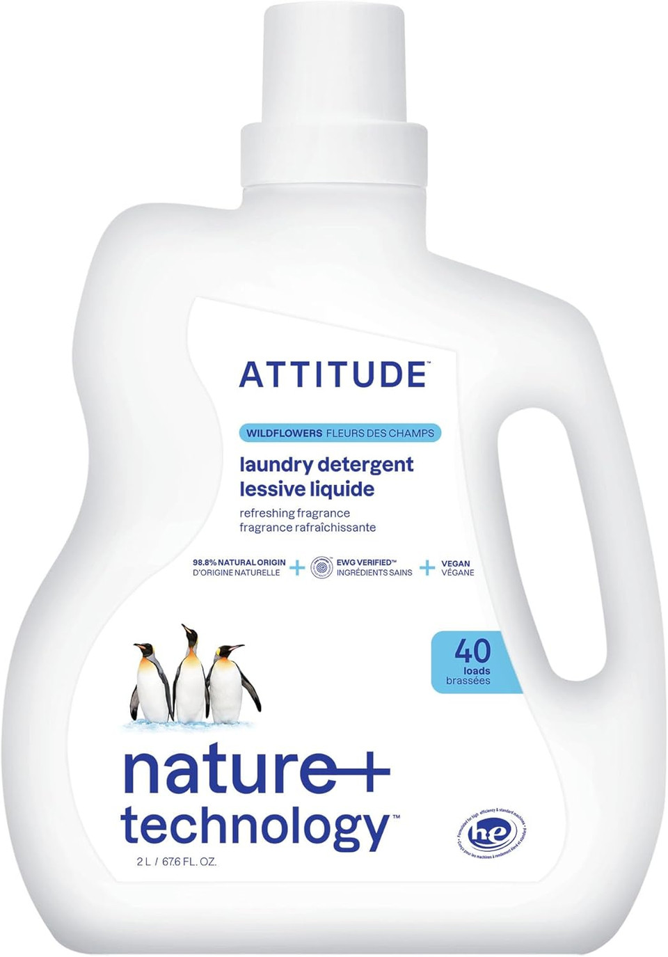 Attitude Liquid Laundry Detergent, Ewg Verified, He Compatible, Plant-Based & Vegan, Natural Laundry Soap, Wildflowers Scent, 40 Loads, 67.6 Fl Oz