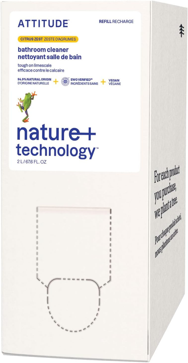 Attitude Shower & Tile Cleaner Refill, Ewg Verified, Plant-Based & Vegan Bathroom Spray, Removes Soap Scum & Grime, Citrus Zest Scent, 67.6 Fl Oz