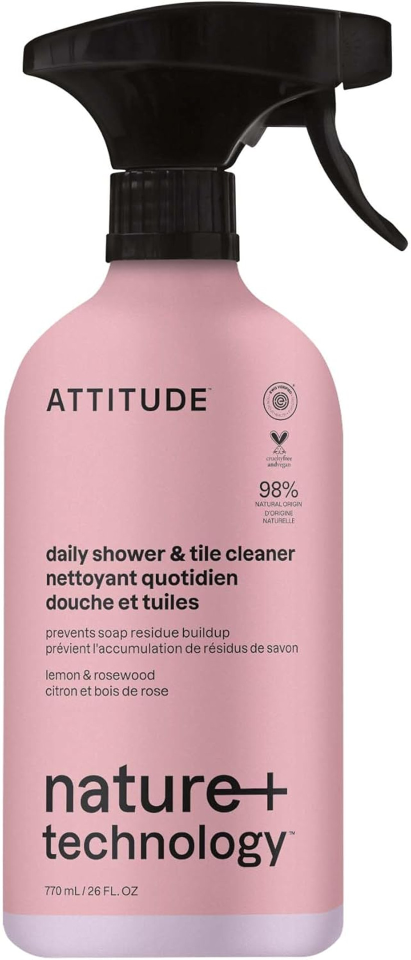 Attitude Shower And Tiles Cleaner Spray, Natural Origin Ingredients, Ewg Verified, Eliminate Soap Scum, Limescale, Streak Free, Lemon & Rosewood, 26 Fl Oz