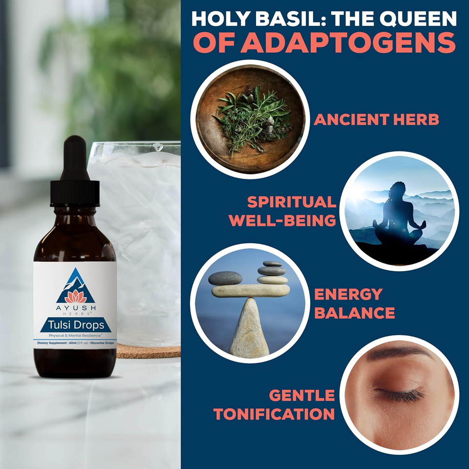 Ayush Herbs Tulsi Drops - Alcohol-Free Tulsi Drops, Holy Basil Gylcerite, Natural Immune-Support Drops For Kids & Adults, Calm & Focus Booster - 2 Fl Oz (80 Servings)
