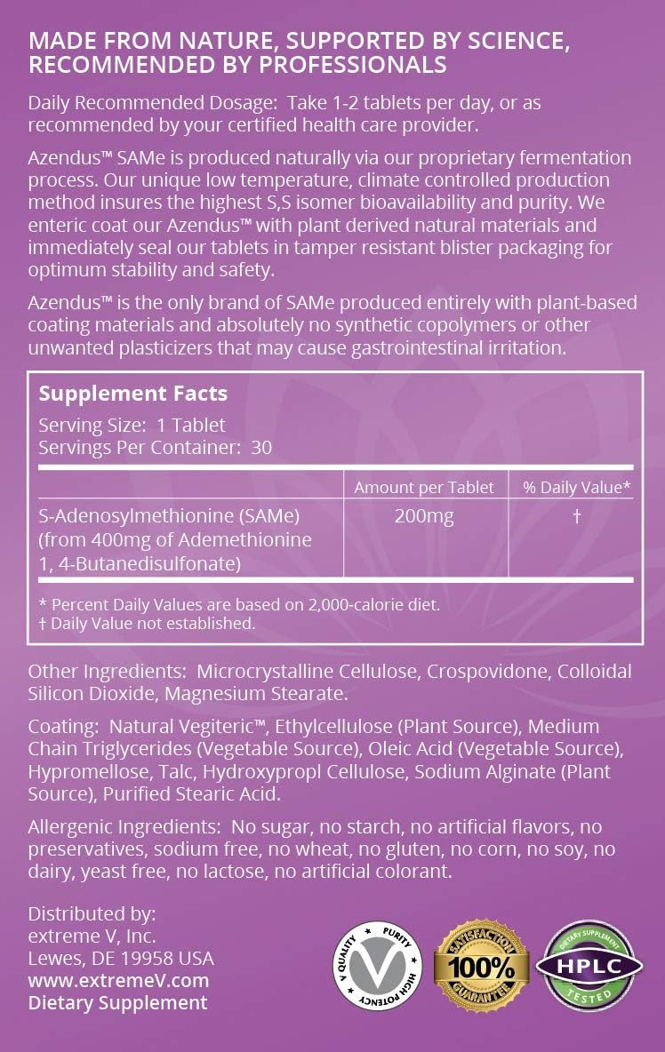 Azendus Sam-E Mood Support 200Mg, 30 Count, Same Butanedisulfonate Fiber Enteric Coated Tablets