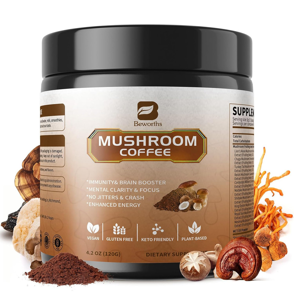 B Beworths Mushroom Coffee Powder With Mct Oil - 10 Mushroom Lion'S Mane, Turkey Tail, Reishi, Cordyceps & Chaga - Arabica Instant Mushroom Coffee For Focus, Immune, Gut & Brain Health | Vegan, Keto