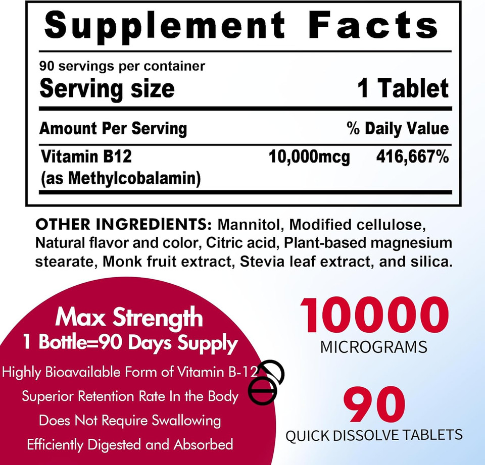 B12 Vitamins 10,000 Mcg, Methylated Vitamin B12 Sublingual - Energy Boost, Focus, Metabolism & Brain Health Support, Immune System Support, Fast Dissolve, Natural Strawberry Flavor, 180 Servings