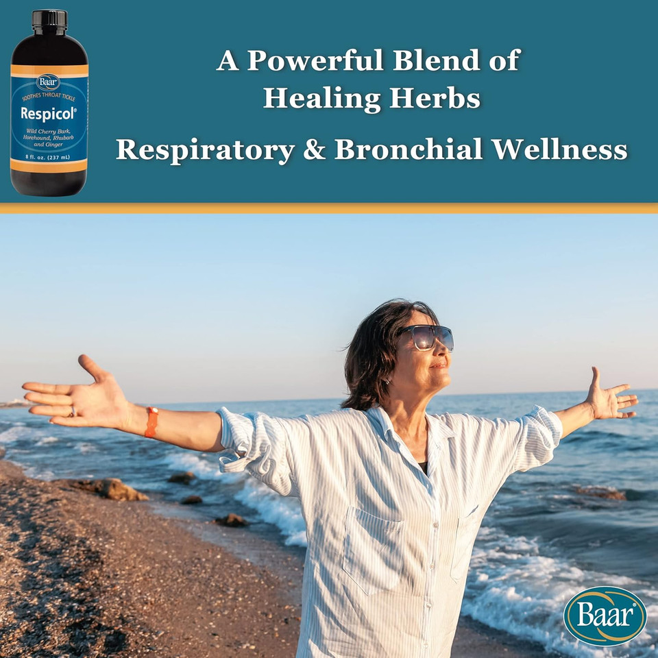 Baar Respicol Herbal Syrup, 4 Ounces. Soothes Sore Throat, Calms Coughing, Eases Respiratory Distress. A Must For Cold, Allergy And Flu Seasons. For Respiratory And Bronchial Wellness