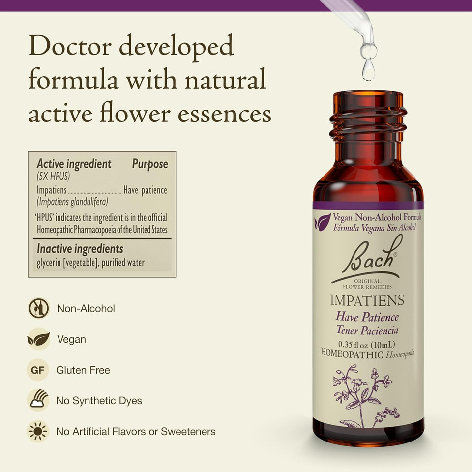 Bach Original Flower Remedies, Impatiens (Non-Alcohol Formula) - Have Patience - Natural Homeopathic Flower Essence For Emotional Balance - Vegan, Gluten Free, Sugar Free - 10Ml Dropper