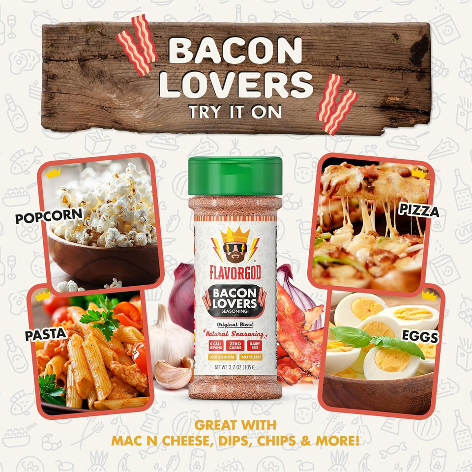 Bacon Lovers Seasoning Mix, 2 Bottles By Flavor God - Premium All Natural & Healthy Spice Blend For Beef, & Eggs - Kosher, Low Sodium, Gluten-Free, & Vegan - Great Flavor Spices And Seasoning Gift