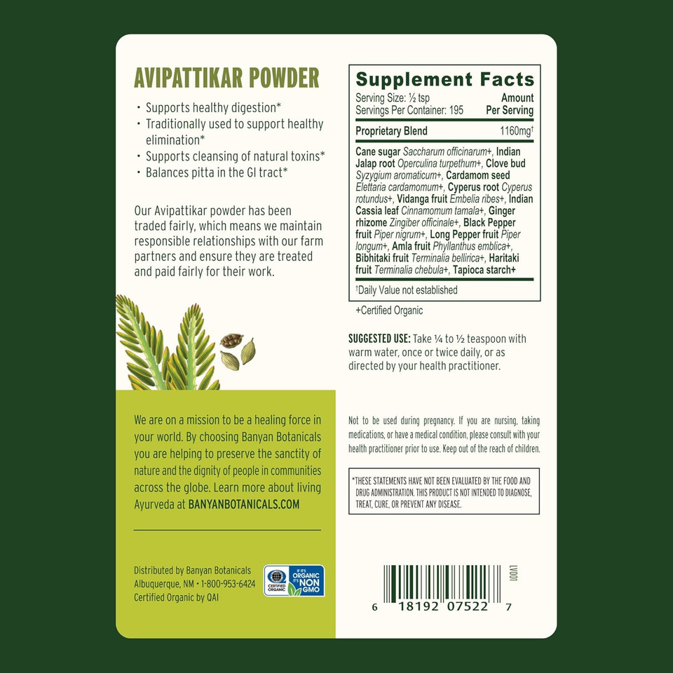 Banyan Botanicals Avipattikar Powder  Organic Digestion Supplement With Ginger, Cardamom & Vidanga ­­ Supports Healthy Stomach Acid Balance*  ½ Lb.  Non-Gmo Sustainably Sourced Vegan