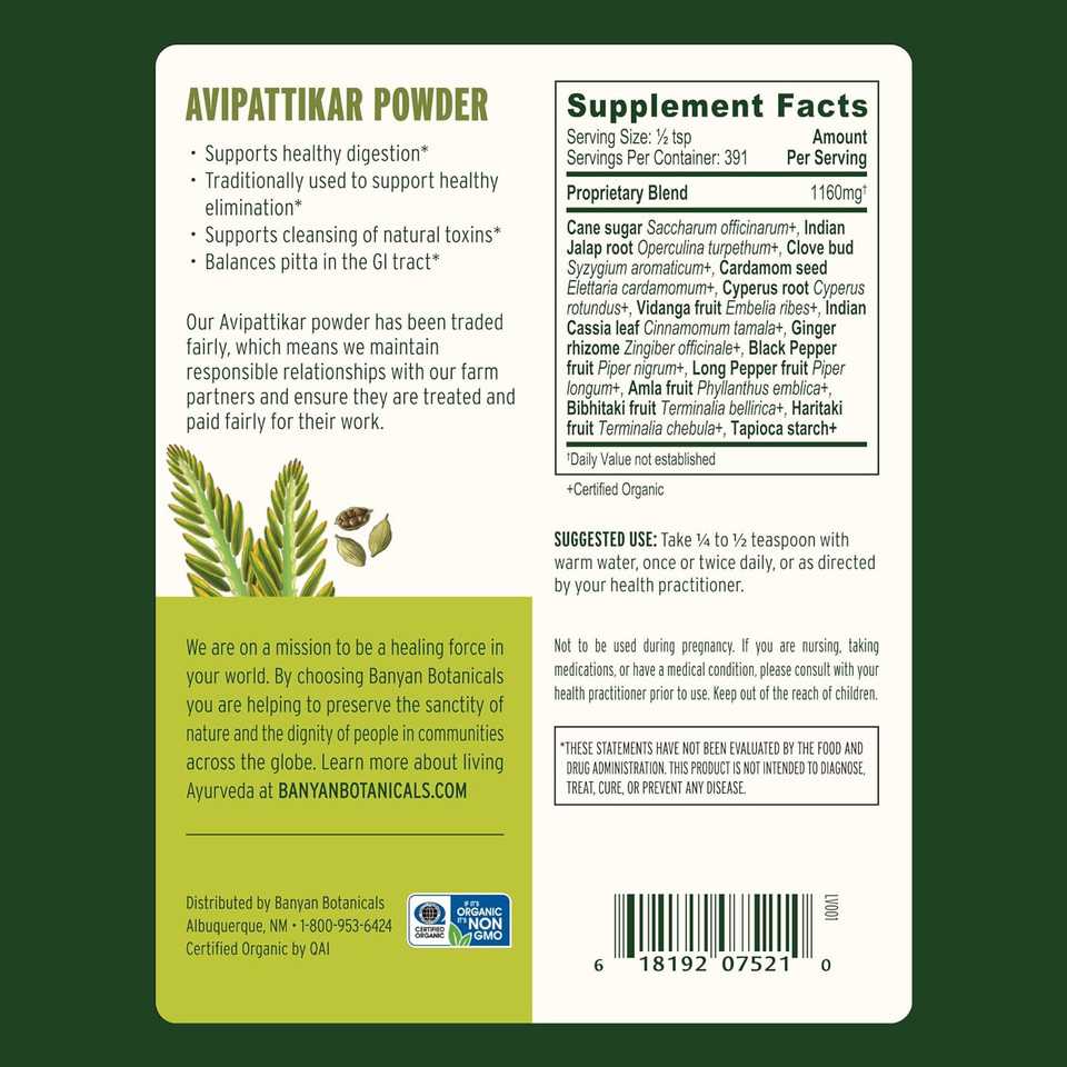 Banyan Botanicals Avipattikar Powder  Organic Digestion Supplement With Ginger, Cardamom & Vidanga ­­ Supports Healthy Stomach Acid Balance*  1 Lb.  Non-Gmo Sustainably Sourced Vegan
