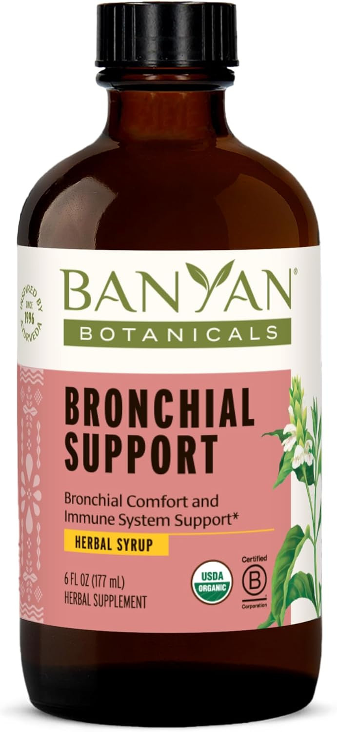 Banyan Botanicals Bronchial Support  Organic Herbal Syrup For Children & Adults  Soothing Respiratory Support Formula With Licorice & Ginger Root*  6Oz.  Non Gmo Sustainably Sourced Vegetarian