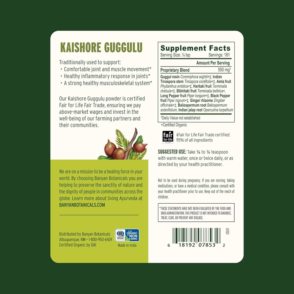 Banyan Botanicals Kaishore Guggulu Powder  Organic Joint Support Supplement  Traditional Blend That Supports Healthy Joints And Muscles  3.5 Oz  Non-Gmo Sustainably Sourced Vegan