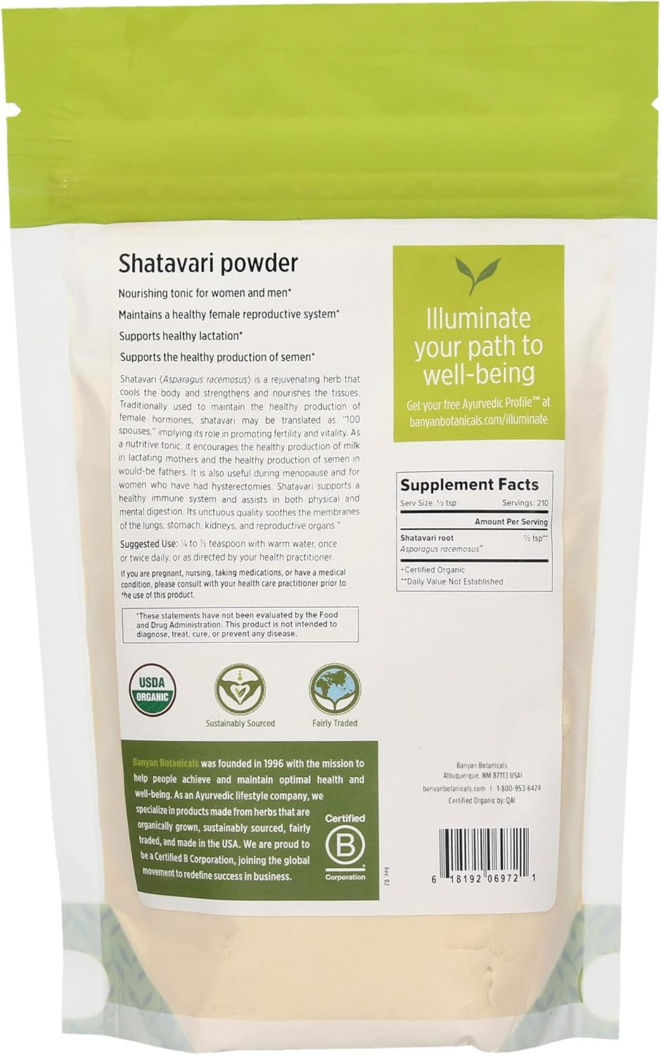 Banyan Botanicals Organic Shatavari Powder  Asparagus Racemosus  Ayurvedic Herb For Vata & Pitta, Balanced Female Hormones, Energy, Vitality & More*  1Lb. ­ Non-Gmo Sustainably Sourced Vegan Ffl