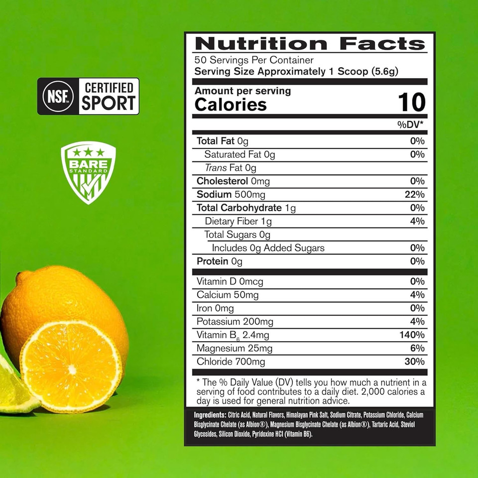 Bare Performance Nutrition Bpn Electrolytes Hydration Drink Mix | Sugar Free Electrolyte Powder | 500Mg Sodium Per Serving | Naturally Sweetened | Lemon Lime, 50 Servings