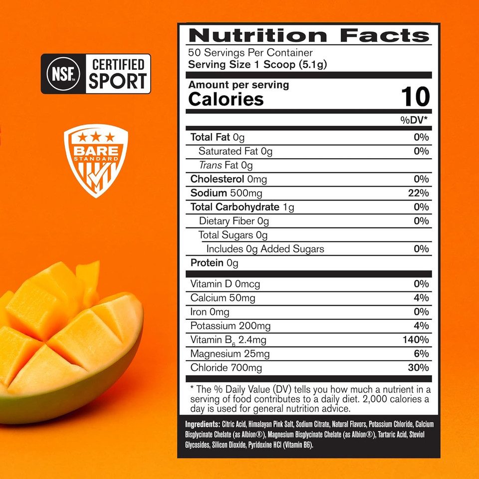 Bare Performance Nutrition Bpn Electrolytes Hydration Drink Mix | Sugar Free Electrolyte Powder | 500Mg Sodium Per Serving | Naturally Sweetened | Mango, 50 Servings