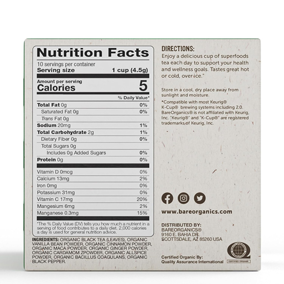 Bareorganics Energizing Tea Withuperfoods & Probiotics | Compatible Tea Pods | Usda Certified Organic, Vegan, Non-Gmo & Recyclable, 10 Count