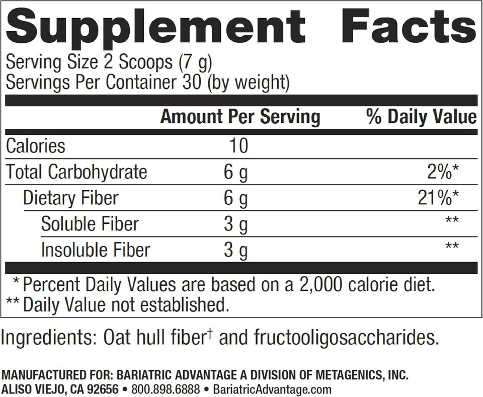 Bariatric Advantage Advanced Fiber, Powdered Formula Supports A Healthy Intestinal Environment And Increases Absorption Of Calcium And Magnesium - Unflavored, 30 Servings