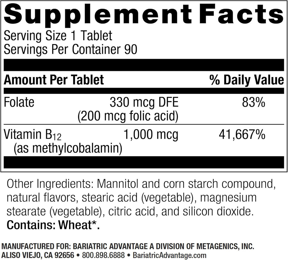 Bariatric Advantage B-12 Speedy Melts, Vitamin B12 1000 Mcg Supplement, Fast Melting With 200 Mcg Of Folic Acid For Nutritional Support - Black Cherry, 90 Count
