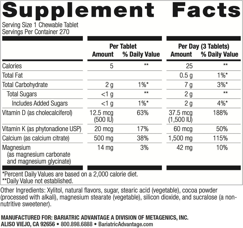 Bariatric Advantage Calcium Citrate Chewable 500 Mg - For Bariatric Surgery Patients - High-Potency, Easy-Digest Tablets - Calcium Citrate - Bone Strength Supplements* - 270 Count - Chocolate
