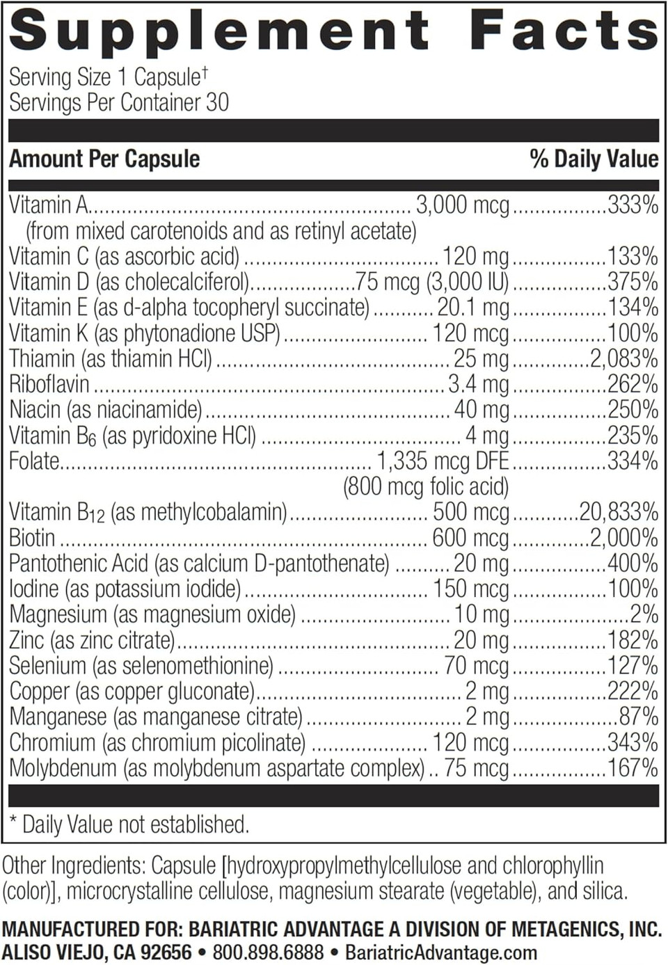 Bariatric Advantage Ultra Solo Without Iron - Once-Per-Day Daily Multivitamin - For Bariatric Patients - With Thiamin, Vitamin A & More - Gluten Free - 30 Capsules