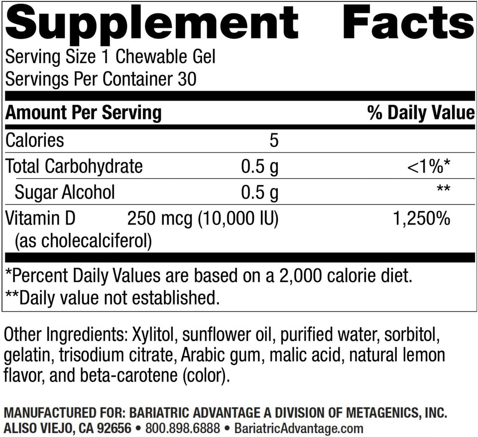 Bariatric Advantage Vitamin D Gels 10,000 Iu - Vitamin D3 Chewable Gels - Bone Health Support* - For Bariatric Patients - Good Flavor Vitamins - Easy To Use - 30 Count