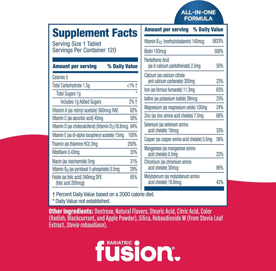Bariatric Fusion Bariatric Multivitamin With Iron Complete Chewable | Wild Cherry | Post Bariatric Vitamins For Gastric Bypass And Sleeve Gastrectomy | One Month Supply