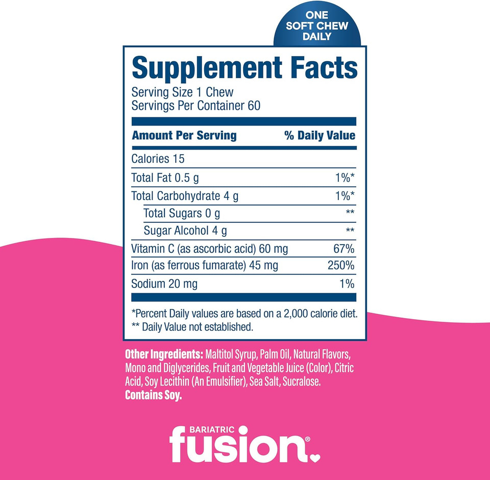 Bariatric Fusion Iron Supplement For Women Anemia | Chewable Iron With Vitamin C | Cherry Flavored Soft Chew | Gentle On Stomach Ferrous Fumarate For Women And Men | Gluten Free | 60 Count