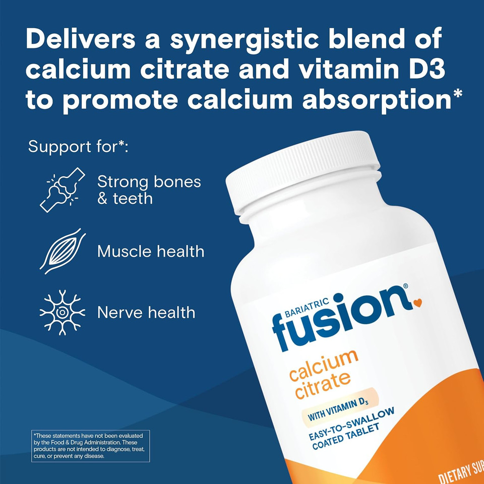 Bariatric Fusion Non Chewable Calcium Citrate With Vitamin D3 Tablet | Easy To Swallow Calcium Supplement With Vitamin D To Increase Absorption* | Bariatric Calcium Citrate 600Mg | 180 Tablets