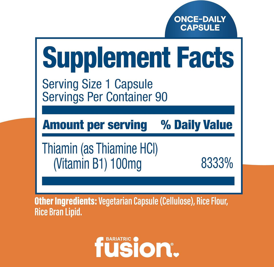 Bariatric Fusion Vitamin B1(Thiamine) For Bariatric Surgery Patients Including Gastric Bypass & Sleeve Gastrectomy, Easy To Swallow Capsule, 90 Count
