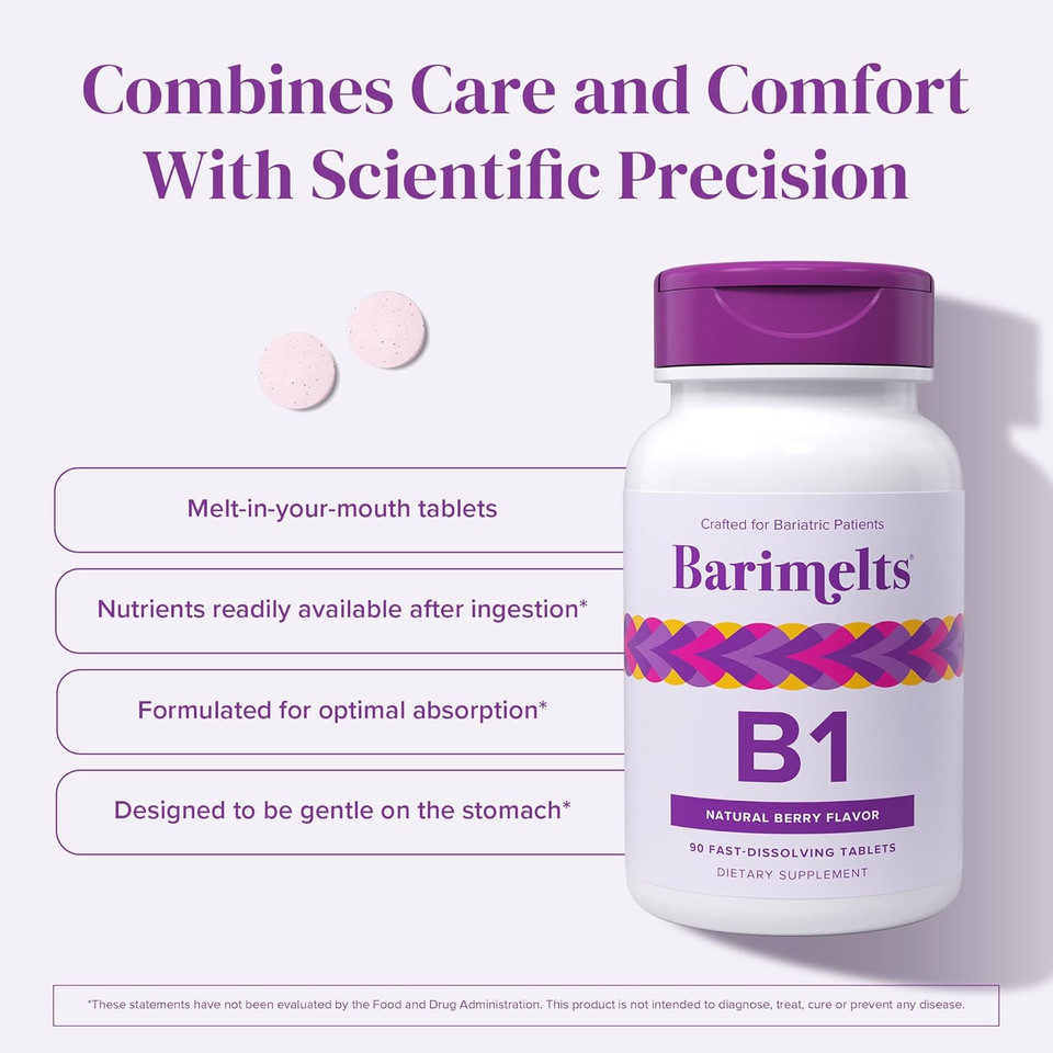Barimelts Vitamin B1, 90 Fast-Dissolving Tablets (3-Month Supply), Sugar-Free Bariatric Vitamins For Women, Natural Berry Flavor