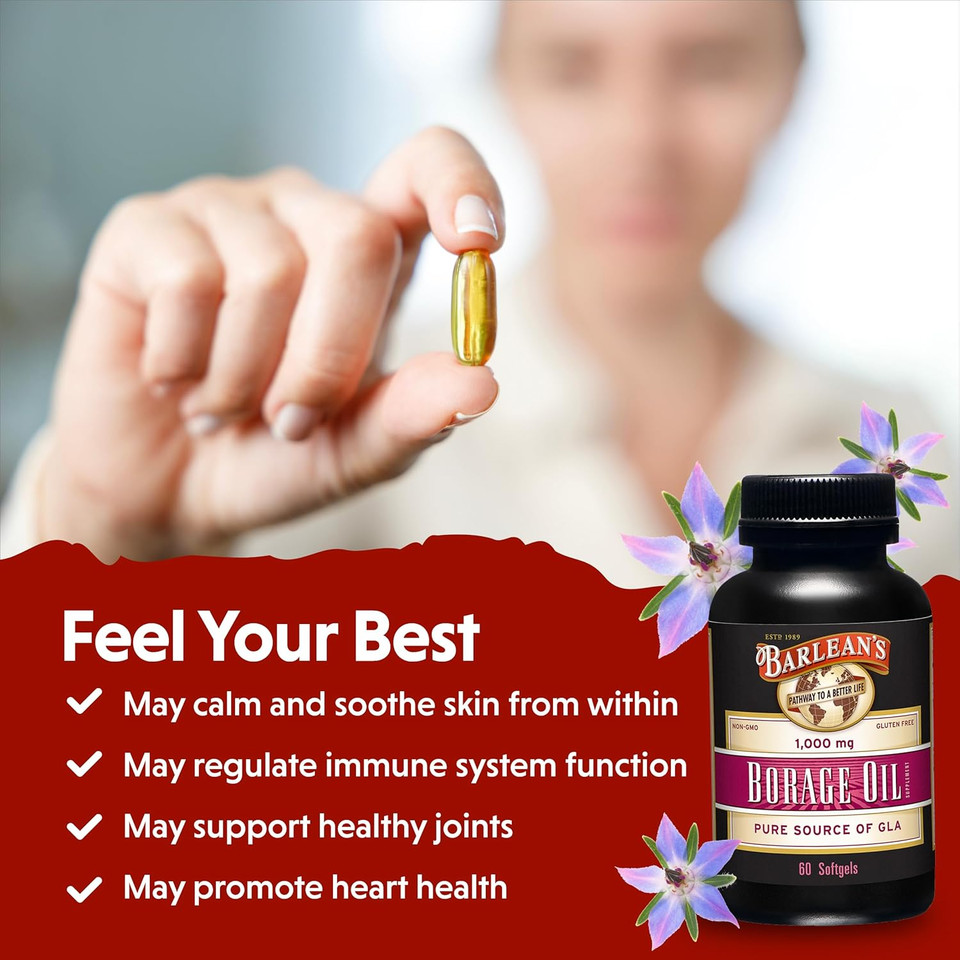 Barlean'S Borage Oil Supplements, Cold Pressed Pure Borage Seed Oil Supplement Softgels For Men And Women, 1000 Mg Gla Fatty Acids, 60 Count