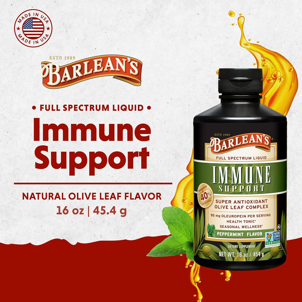 Barlean'S Peppermint Olive Leaf Complex Liquid Immune Support Supplement, 95Mg Oleuropein Antioxidants, 16 Oz