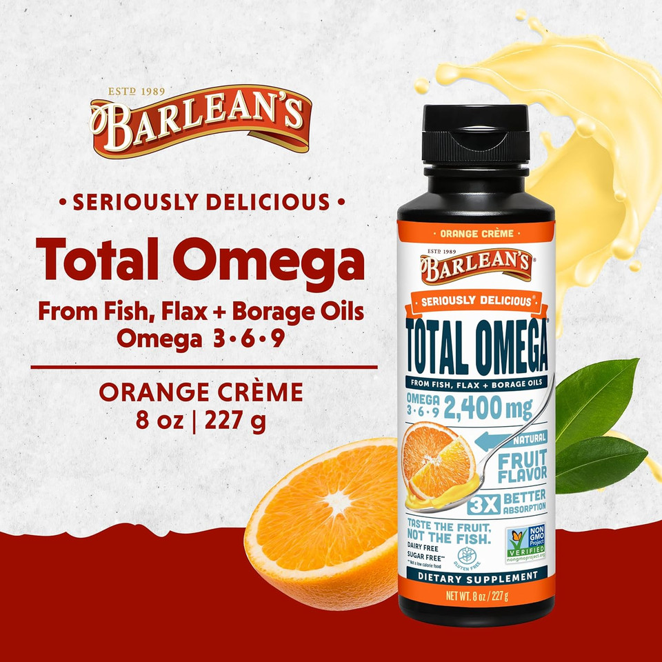 Barlean'S Total Omega 3 6 9 Orange Crème Liquid Fish Oil Supplement With Borage And Flaxseed Oil, 2,400 Mg Of Omegas Epa And Dha Plus Gla For Joint And Heart Health, 8 Oz