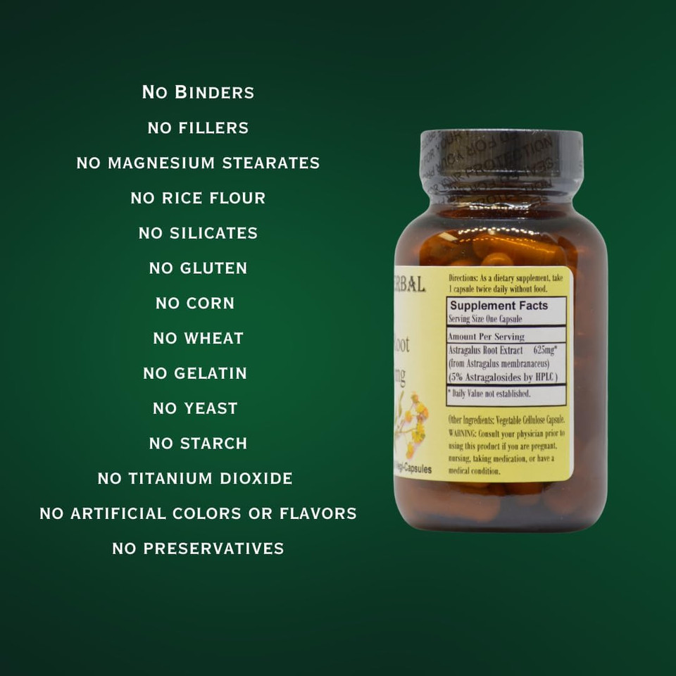 Barlowe'S Herbal Elixirs Astragalus | Astragalus Root Extract | 625 Mg Per Capsule | Balance And Wellness| 60 Veggie Capsules | Stearate Free | Glass Bottle