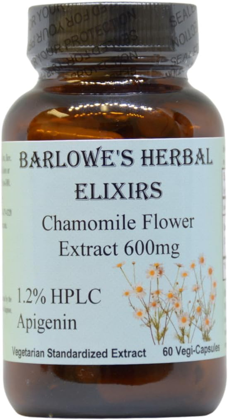 Barlowe'S Herbal Elixirs Chamomile Flower Extract | German Chamomile Supplement | Matricaria Chamomilla | 1.2% Apigenin | 600Mg Per Capsule | 60 Vegi Capsules | Stearate Free | Glass Bottle
