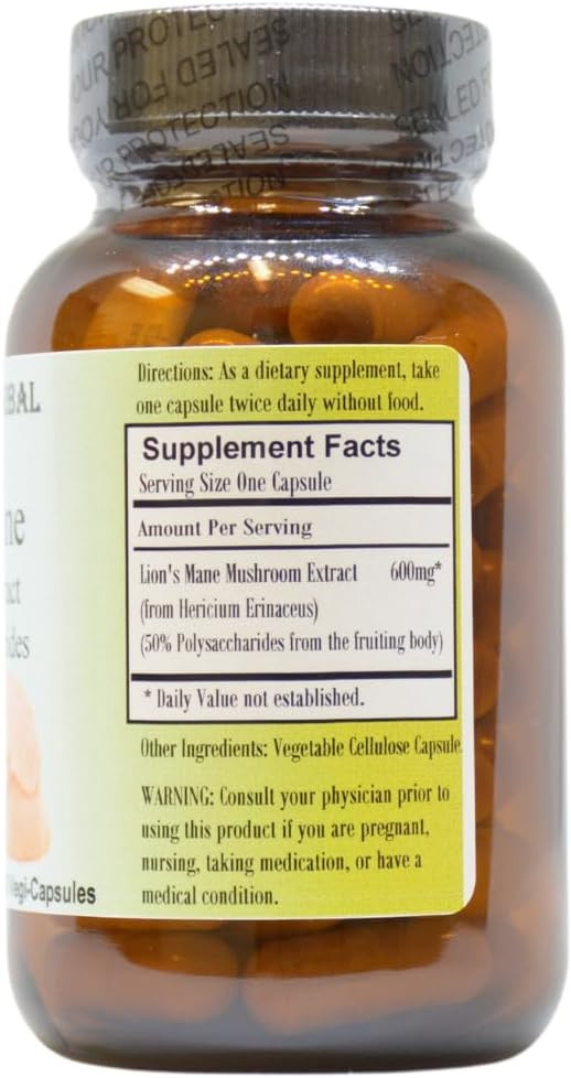 Barlowe'S Herbal Elixirs Lion'S Mane Mushroom Extract | Cognition And Focus Supplement | Brain Health Support | 50% Polysaccharides | 600Mg Per Capsule | 60 Veggie Capsules | Bottled In Glass