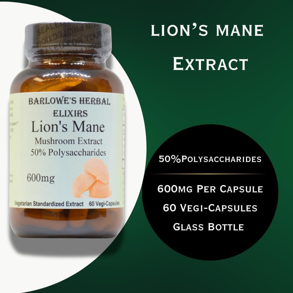 Barlowe'S Herbal Elixirs Lion'S Mane Mushroom Extract | Cognition And Focus Supplement | Brain Health Support | 50% Polysaccharides | 600Mg Per Capsule | 60 Veggie Capsules | Bottled In Glass