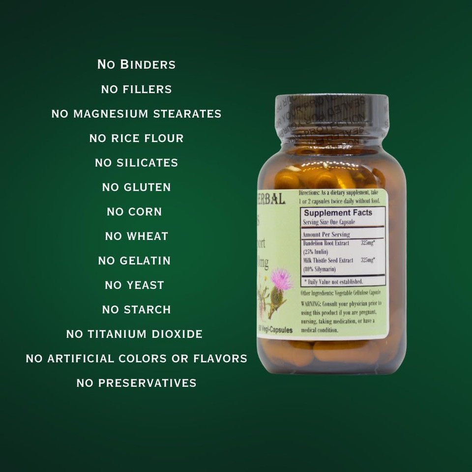 Barlowe'S Herbal Elixirs Liver Support Formula | Dandelion Root & Milk Thistle Extract | 650Mg Per Capsule | 60 Vegan Capsules | Stearate-Free, Glass Bottled