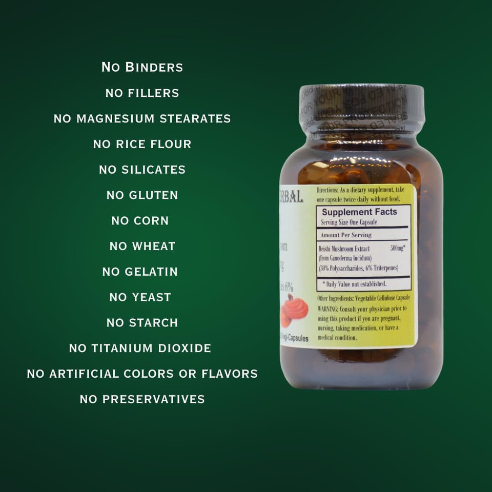 Barlowe'S Herbal Elixirs Reishi Mushroom Extract Supplement | Red Reishi | Ganoderma Lucidum |30% Polysaccharides| 6% Triterpenes | 500Mg | 60 Veggie Capsules