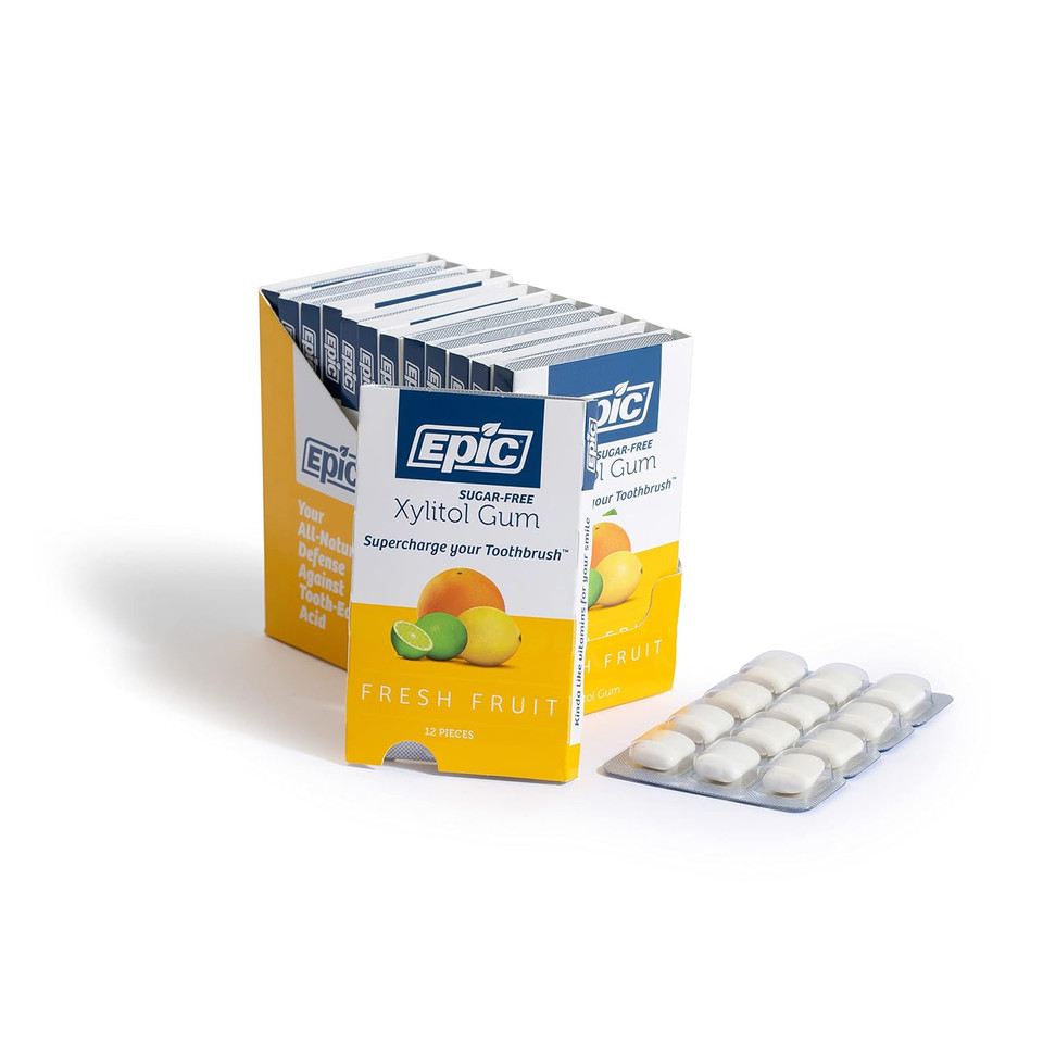 Epic Xylitol Chewing Gum - Sugar Free & Aspartame Free Chewing Gum Sweetened W/Xylitol For Dry Mouth & Gum Health (Fresh Fruit, 12-Piece Pack, 12 Packs)