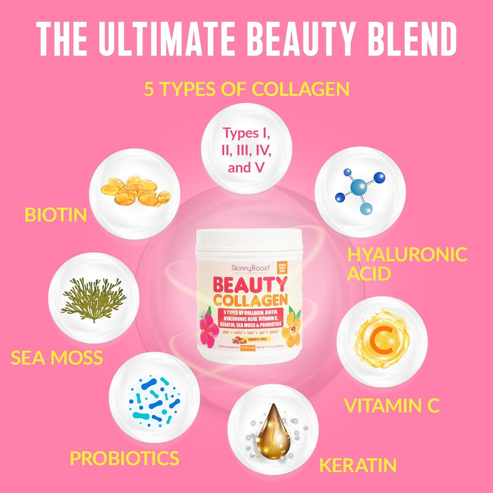 Beauty Collagen-Unflavored Collagen Powder-5 Types Of Collagen, Sea Moss, Biotin, Keratin, Hyaluronic Acid, Vitamin C And ProbioticsHair, Skin, Nails- All Natural, Made In Usa-45 Servings