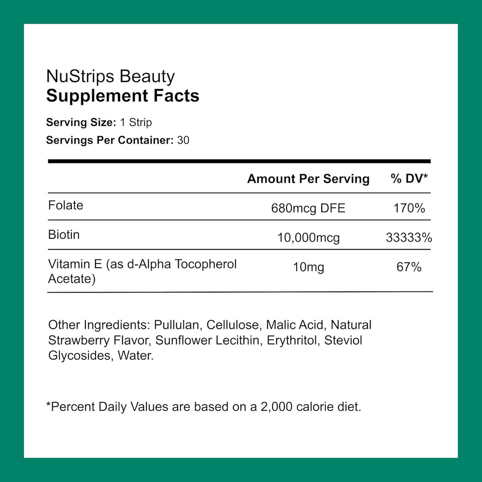 Beauty In A Strip | Strawberry Flavored Oral Strips With Biotin, Folate And Vitamin E | Vitamins For Hair, Skin & Nails | Maximum Absorption, Fast Results | 30 Individually Wrapped Strips