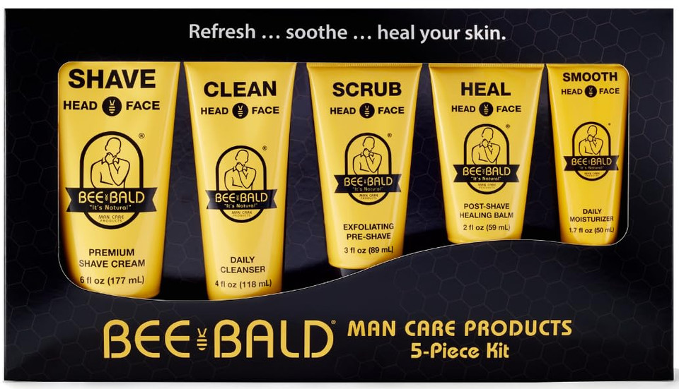 Bee Bald Premium Gift Set For Bald Men, Gift To Combine With Head Shavers For Bald Men Gift - Includes Bald Head After Shave, Moisturizer, Shaving Cream, Exfoliator, And Cleanser (5 Piece Kit)
