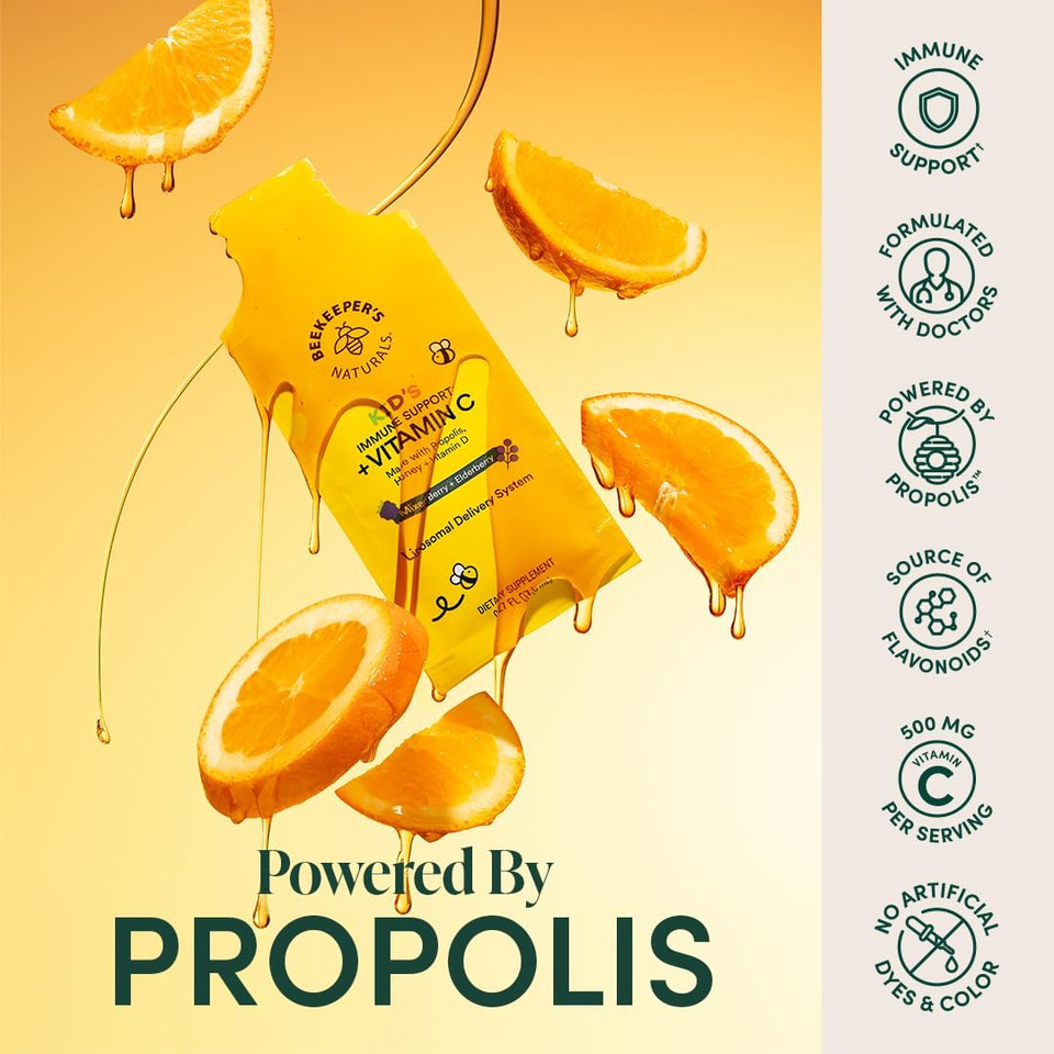 Beekeeper'S Naturals Kid'S Immune Liposomal Vitamin C, 500 Mg Vitamin C, Elderberry, Vitamin D, Propolis & Honey, Kid-Friendly Immune Support - Mixed Berry Flavor, Easy To Use, Bioavailable, 30 Ct