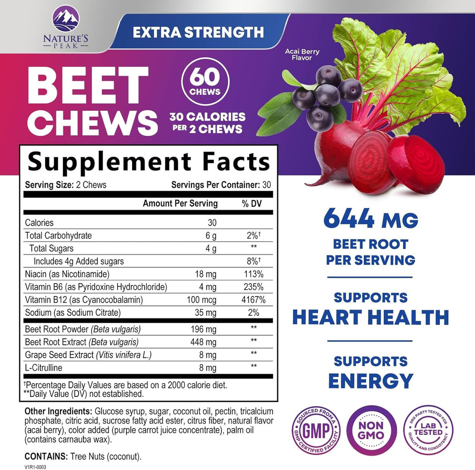 Beet Chews - Beet Root Gummies For Nitric Oxide Support, Superfood Beets Powder Soft Heart Chews, Grape Seed Extract & Non-Gmo Beetroot Energy Supplement Supports Heart Health & Energy, 60 Count