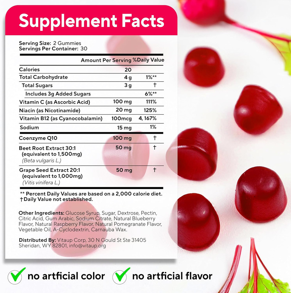 Beet Root Gummies  Beet Gummies  Red Beets Supplements With Beetroot, Grape Seed, Coq10, Vitamin C & B12  60 Beet Chews