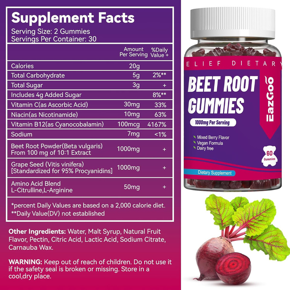 Beet Root Gummies, Beet Root Soft Chews With Beetroot, Grape Seed Extract & Beet Root Powder, Vegan, Non-Gmo, 60 Count