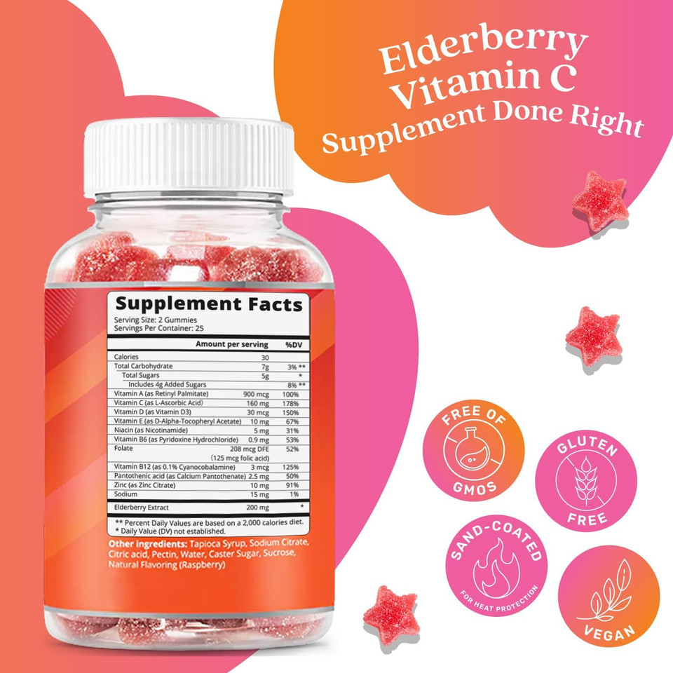 Belive Elderberry Gummies With Zinc And Vitamin C, D, A, E, B12-50 Ct I Immune Support Supplement For Healthy Bones & Teeth, Vegan, Keto & Non-Gmo - Raspberry Flavor