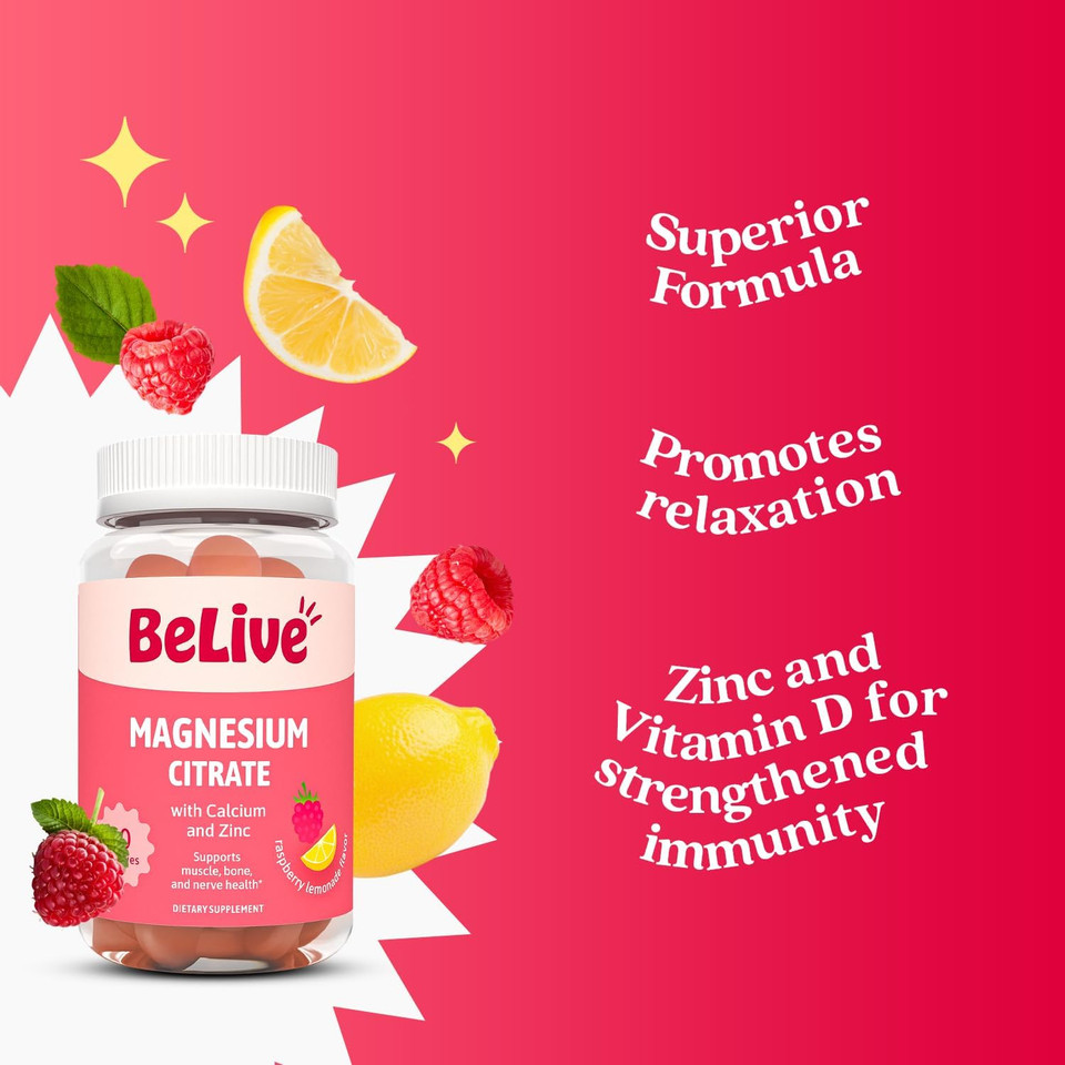Belive Magnesium Citrate Gummies With Calcium And Zinc For Adults And Kids - High Absorption Magnesium Supplement For Cognitive, Bone, Muscle And Nerve Health - Raspberry Lemonade - 60 Count